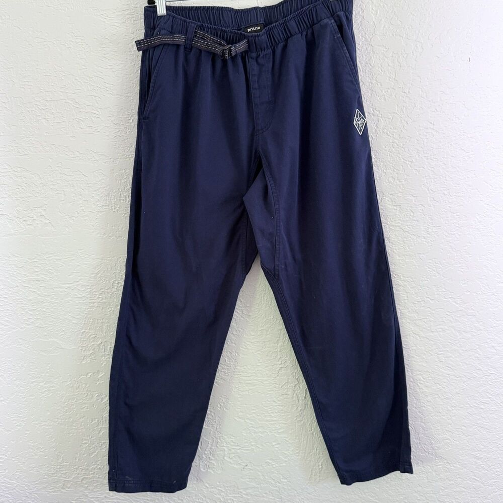 Prana Mens Durado Pants Pull-on Relaxed Tapered Blue Elastic Waist Belt L